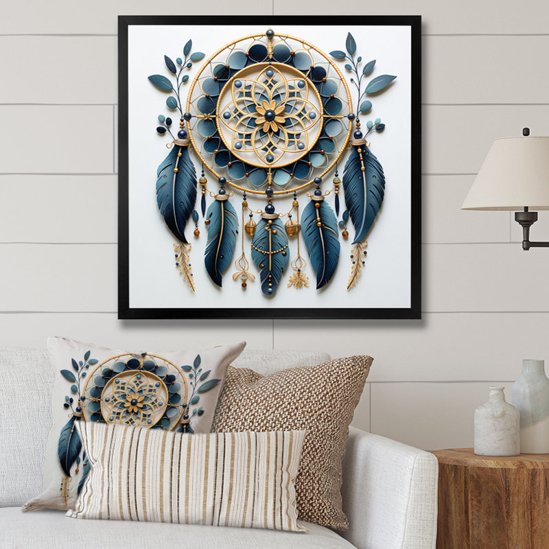 " Blue Dream Catcher Minimalist Serenity II ", 16" H x 16" W x 1" D, Black Single Picture Framed