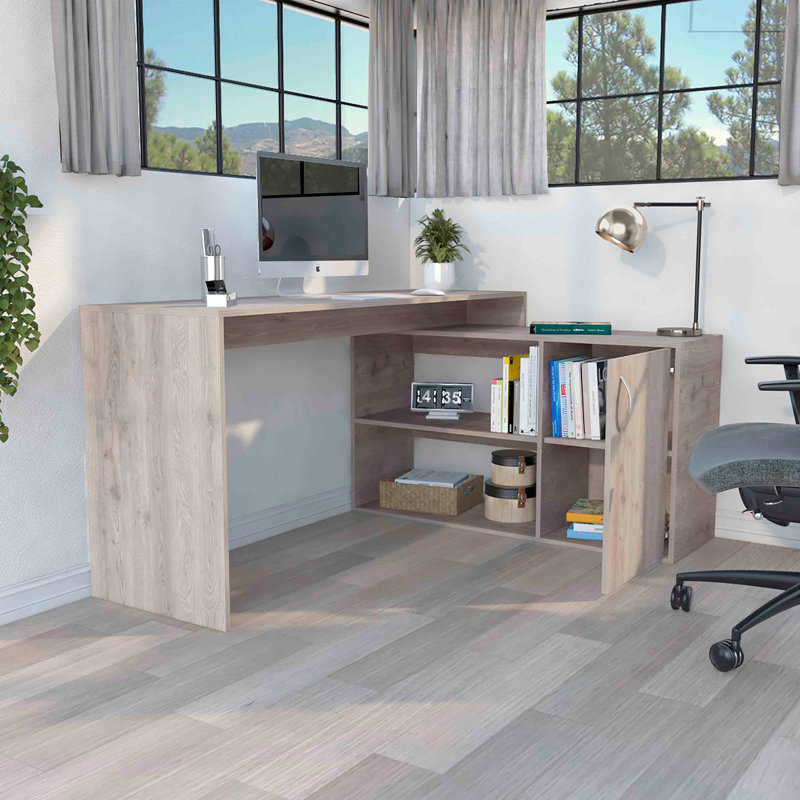 Bureau d'ordinateur en L Axis avec rangement ouvert et fermé, Gris clair