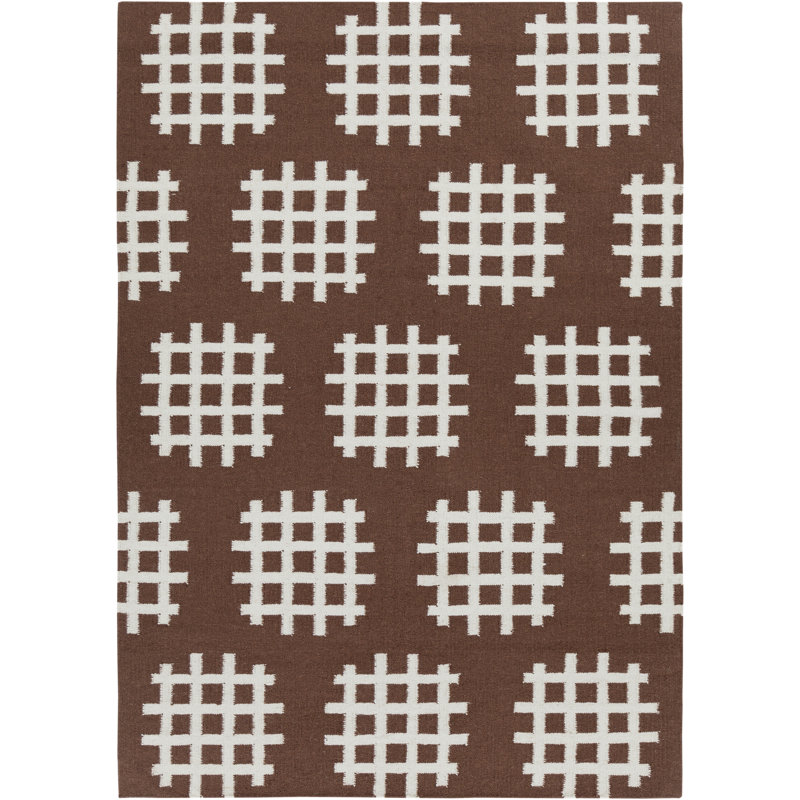 Chevella Authentic Flatwoven Handmade Brown & White Reversible Modern Geometric Grid Wool & Cotton Area Rug, 7' x 10'