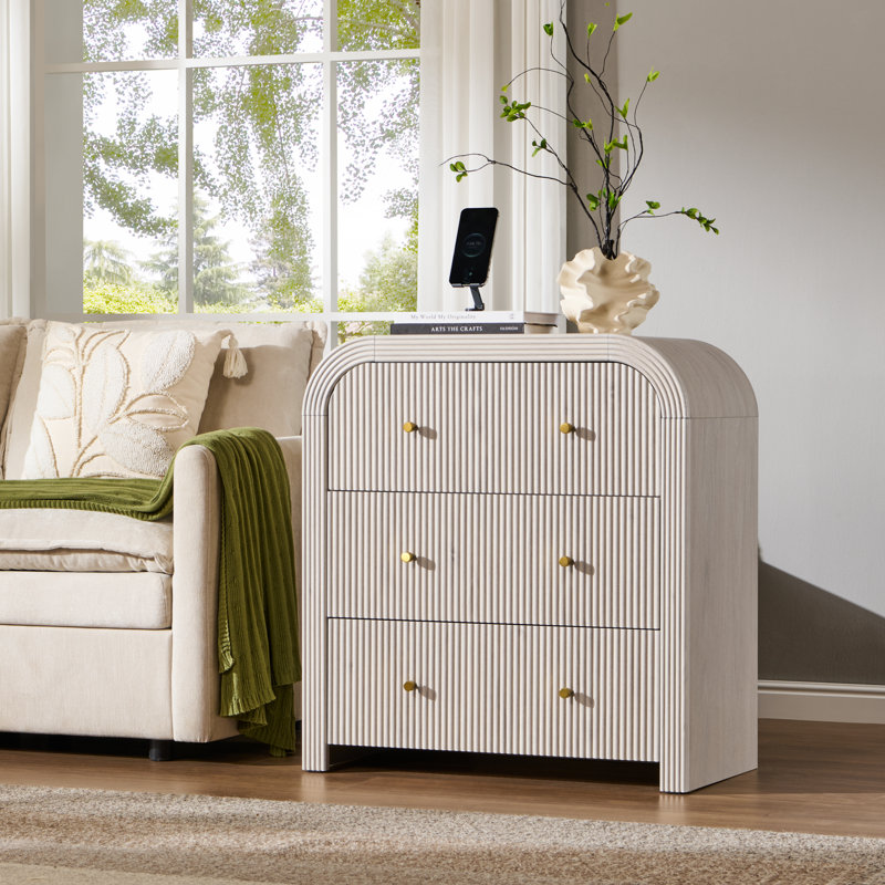 Fluted Panel 3-Drawer Dresser Bedroom Storage Organizer With Metal Handles, White