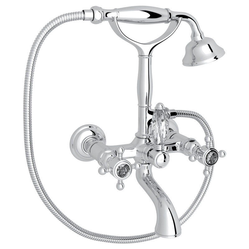 Country Exposed Wall Mount Tub Filler, Polished Chrome, Metal Cross Handle