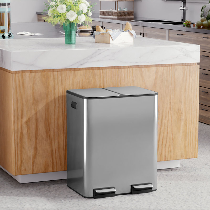 Poubelle, poubelle à pédale en acier inoxydable 60 gallons (2X30l) 16 gallons, poubelle rectangulaire avec seaux intérieurs et couvercles à charnières, convient pour la cuisine, la maison et l'argent