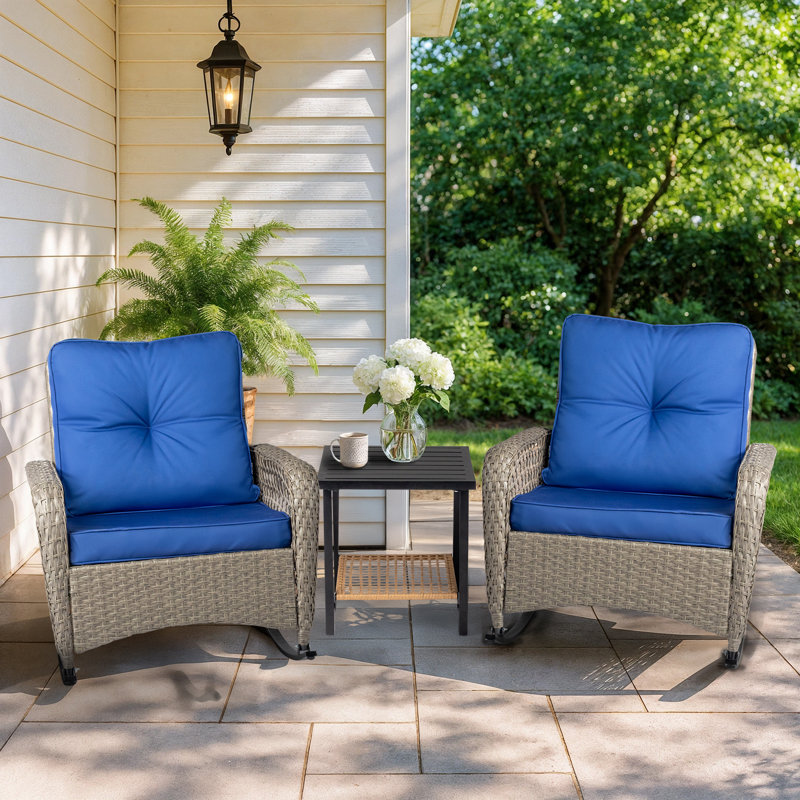 Chaise berçante d'extérieur en rotin avec coussin, Coussin bleu / cadre gris