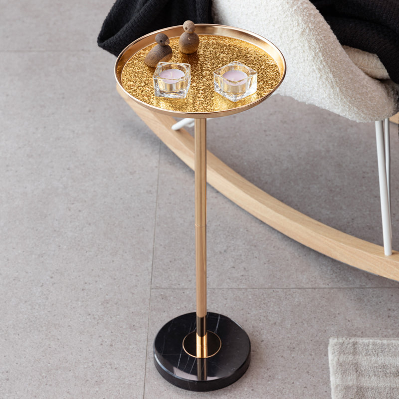 Adjustable height marble top side table with black base, modern decorative pedestal end table for living space