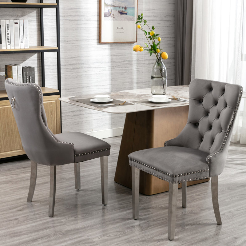 Modern Wing Back Velvet Dining Chairs, Of 2, Gray, Legs, Foam Filler, Constructed With Rubberwood Chair , Gray Velvet, Shape, Filled,