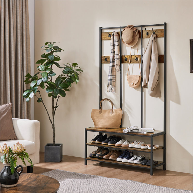 Hall Tree 100cm Wide with Bench and Shoe Storage, Rustic Brown