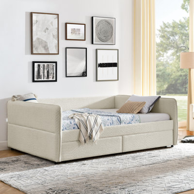 Lit de jour avec rangement gigogne et tiroir, grand lit tapissier beige, 88 po x 65,5 po x 29,5 po, rayures élégantes, expérience d'assise confortable, solution d'installation manuelle facile, vertical
