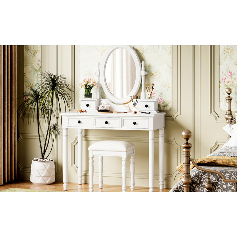 Coiffeuse vintage blanche avec miroir ajustable à 180 degrés, 5 tiroirs doublés de velours et tabouret assorti, maquillage en bois massif pour le bureau de la chambre à coucher