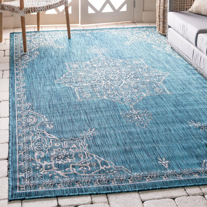 Craighead Oriental Machine Made Power Loom Polypropylene Indoor / Outdoor Area Rug in Blue/Gray, Rectangle 7'10" x 10'
