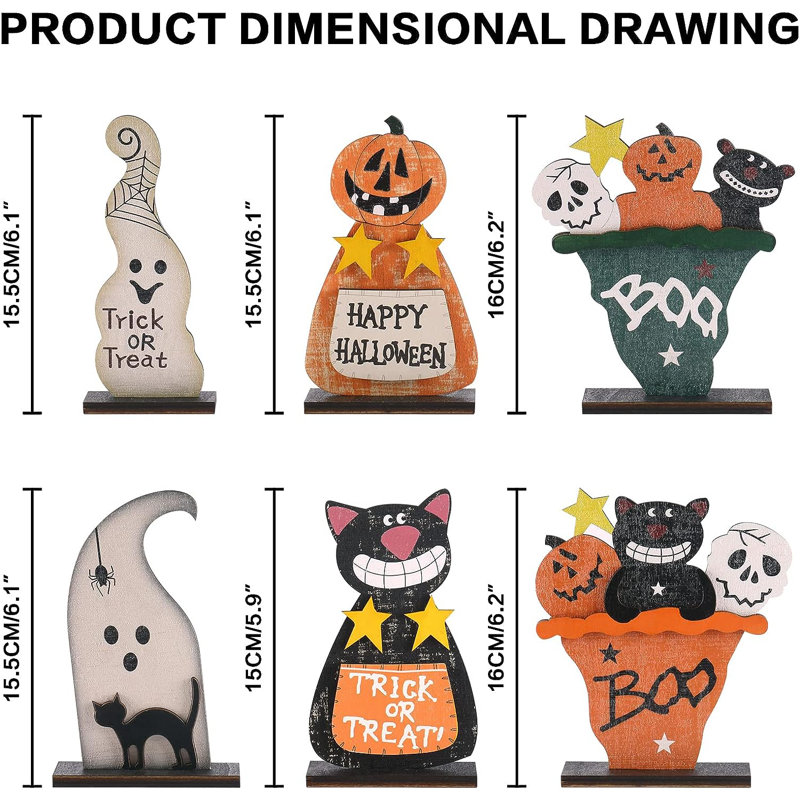 Rustic Wooden Halloween Figurines Set with Black Cat and Pumpkin Monster