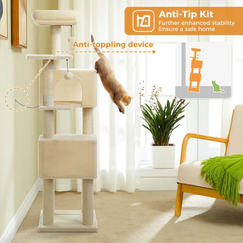 Tour pour chat 62 "à niveaux multiples avec 2 condos spacieux, patin à griffes, 4 poteaux à griffes, 2 perchoirs à chat, 2 pompons