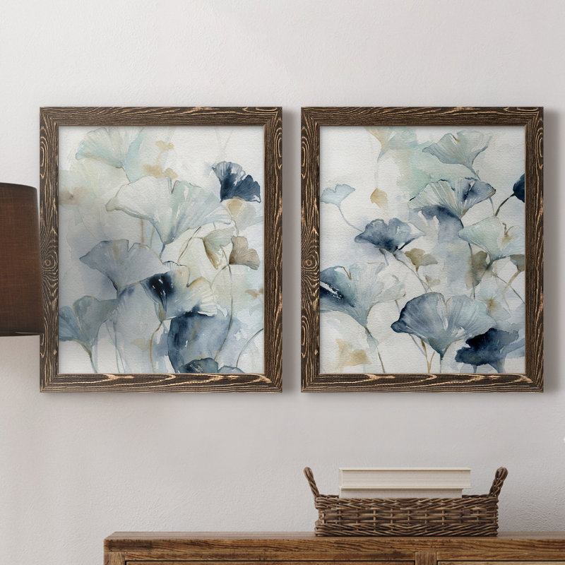 Indigo Ginkgo I - peinture sur toile 2 pièces, H 37,5 po x l 27,5 po x P 1 po, Cadre noyer