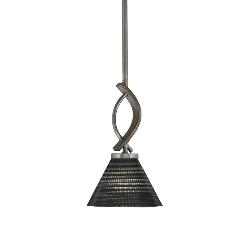 Mini-luminaire suspendu Hallmann avec verre matricé noir 7 po, Graphite / bois patiné peint, H 12,75 po x l 4 po x P 4 po