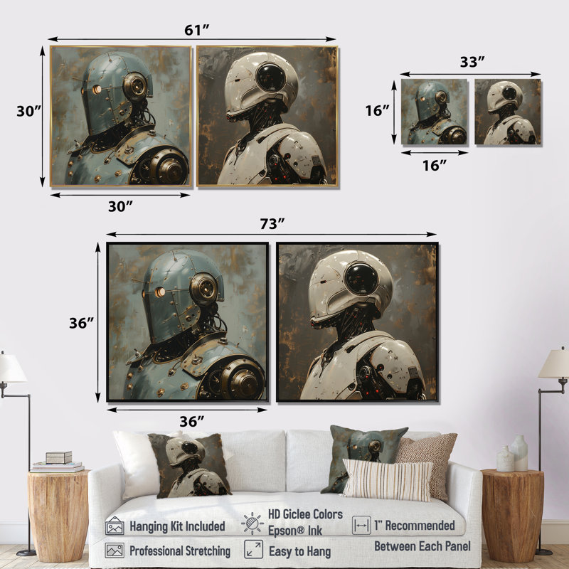 Blanc majestueux en métal Robot I - décoration murale Robots - art mural moderne 2 pièces, H 36 po x l 73 po, White
