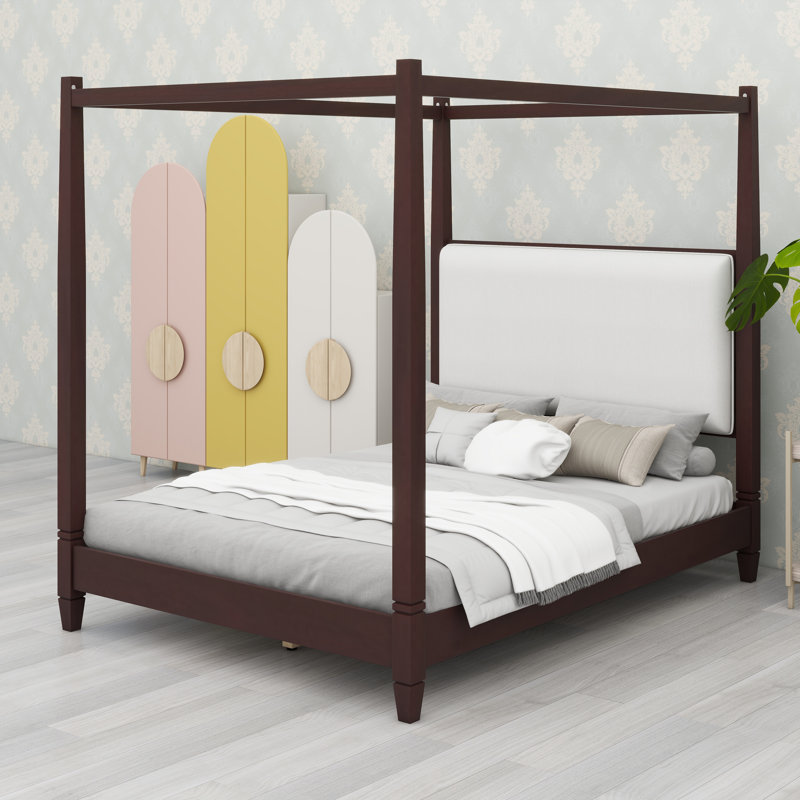 Lit plateforme élégant à baldaquin avec tête de lit tapissier et système de support à lattes en bois, Espresso