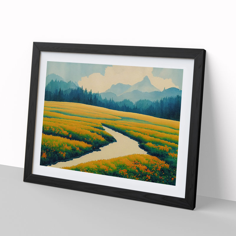 Carefree Spring Meadow Landscape - Single Picture Frame Print, 46cm H x 64cm W x 2cm D, Black Framed