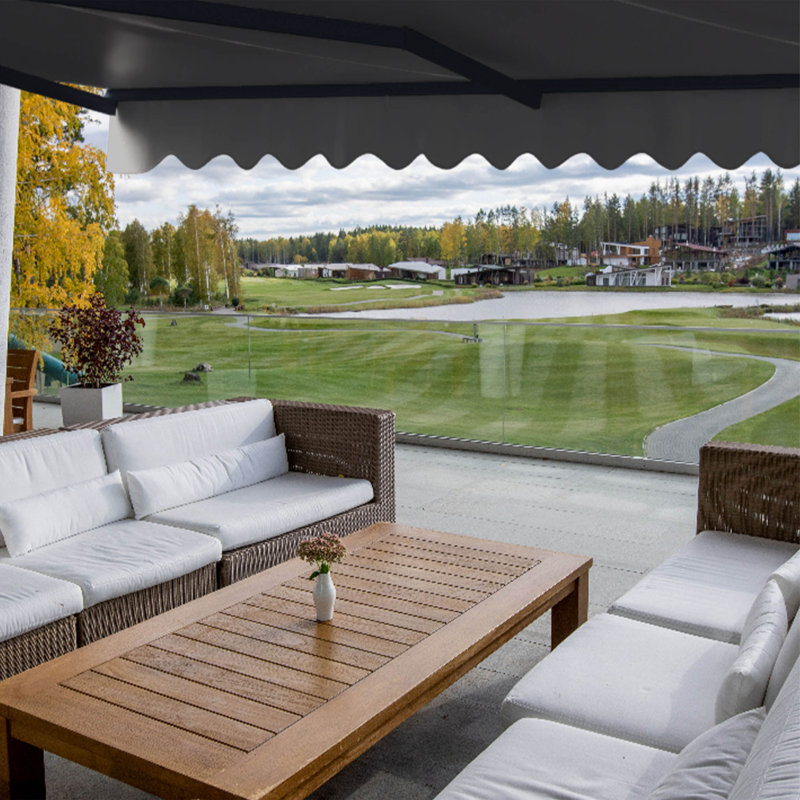 Motorized Retractable Patio Awning- Black Frame, 16' W x 10' D, Solid Color, Silver Gray