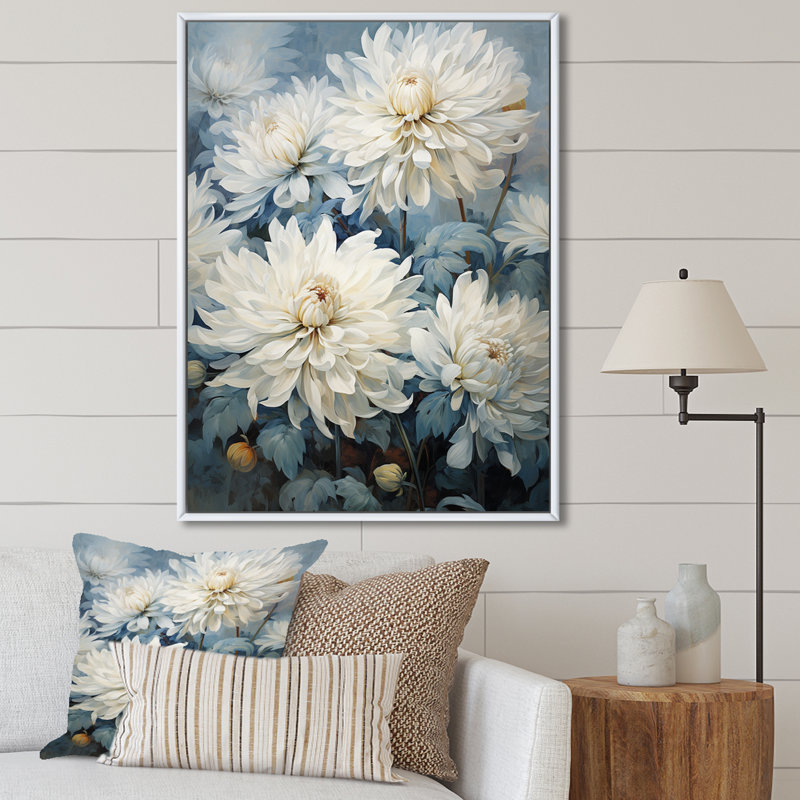 «Simplicity Mums Bloom» en beige et bleu pâle VI sur toile, H 32 po x l 16 po x P 1 po, Cadre flottant blanc