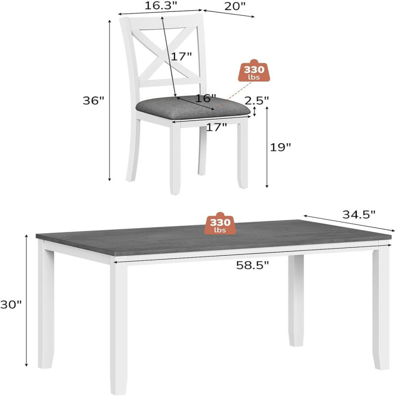 Ensemble 7 pièces de table et chaises de salle à manger en bois massif - table rectangulaire moderne de 58,5 po avec 6 chaises rembourrées à dossier en X, finition grise et blanche à deux tons, pour la cuisine, la salle à manger, l’appartement