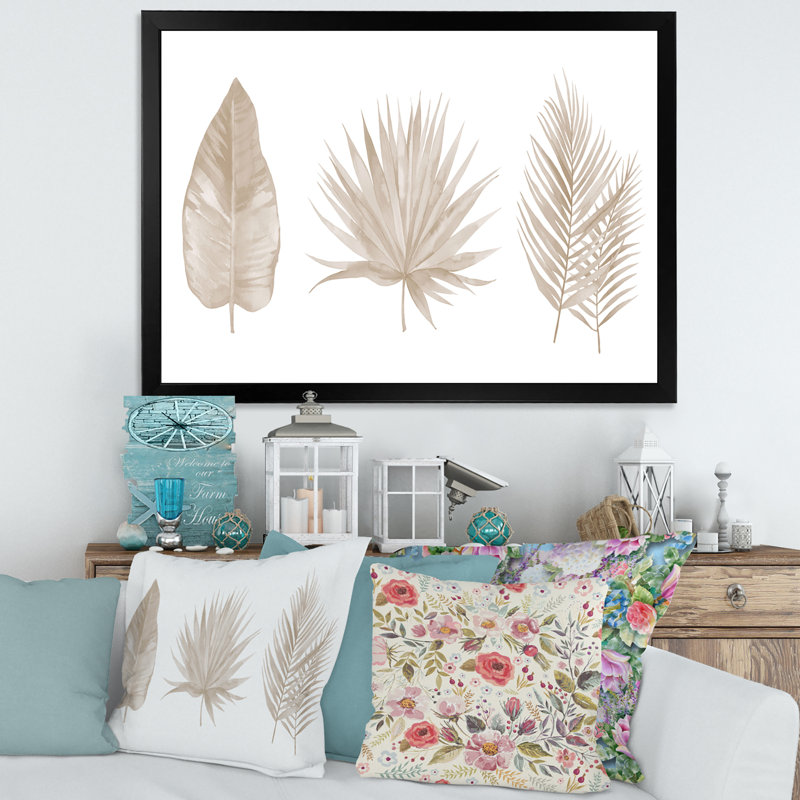 «Tropical Beiges Leaves», reproduction sur toile encadrée, H 12 po x l 20 po x p 1 po, Cadre noir