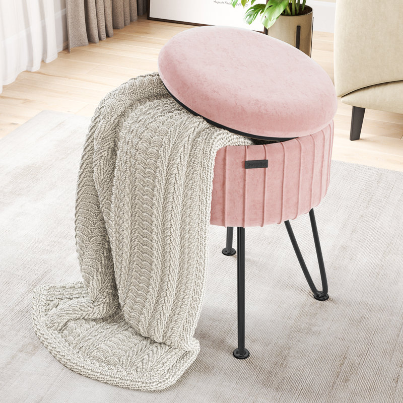 Round Pleated Velvet Ottoman with Storage, Pink, Black