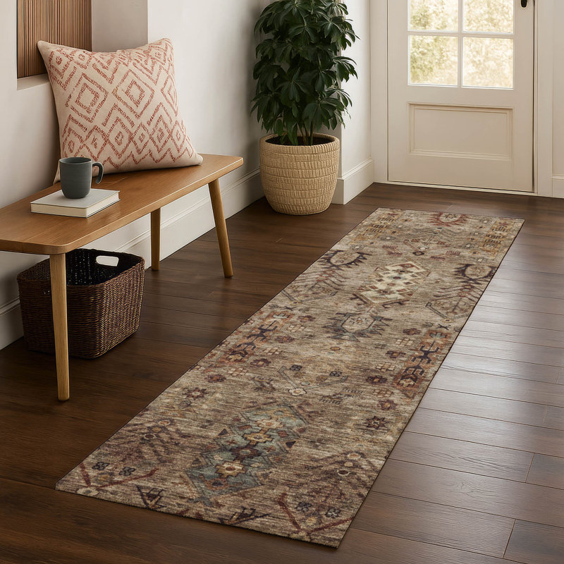 Premium Machine Washable Mayfield AMF2047 Global Rug, 2'3" x 7'6" Runner, Brown