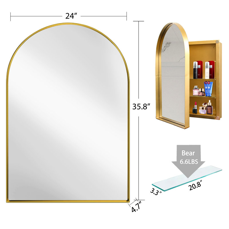 Pharmacie encastrable 24 po x 36 po avec cadre en métal doré mat, miroir et tablettes réglables pour miroir de salle de bain, rangement pour produits de soins capillaires