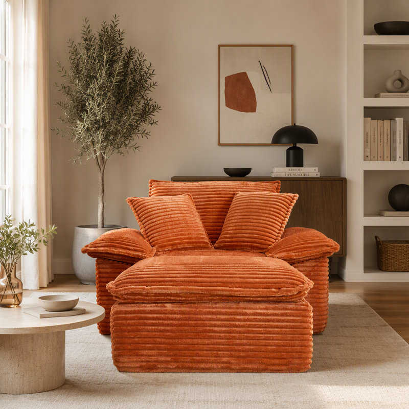Fauteuil surdimensionné de 119 cm (47 pouces) avec assise profonde et repose-pieds amovible, Tissu orange, Orange