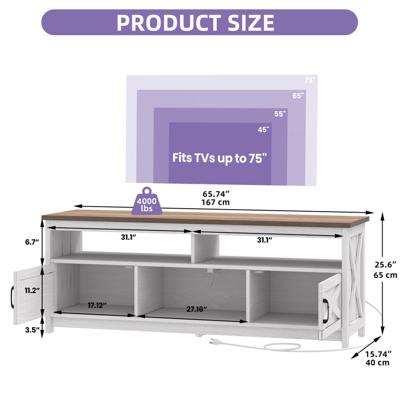 Modern Mid-Century Entertainment Center Media Console Table TV Stand With Power Outlet Storage Cabinets And Open Shelf