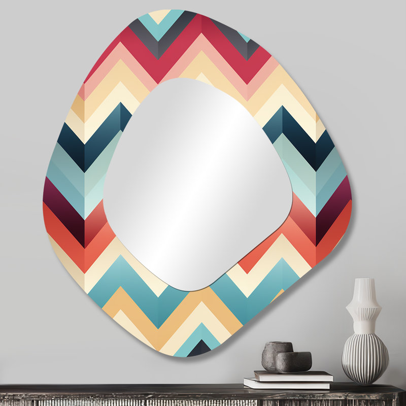 Doux couleur rétro multicolore Chevron II - Chevron de forme irrégulière, miroir unique, grand miroir mural asymétrique, impression d'art en métal