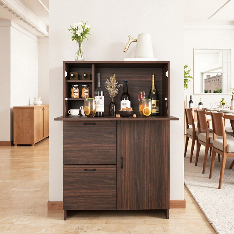 Space-Saving Fold-Up Desk Cabinet with Storage Drawer, Shelves & Walnut Finish - Ideal for Small Spaces (31.5"W x 13.8"D x 47.2"H)