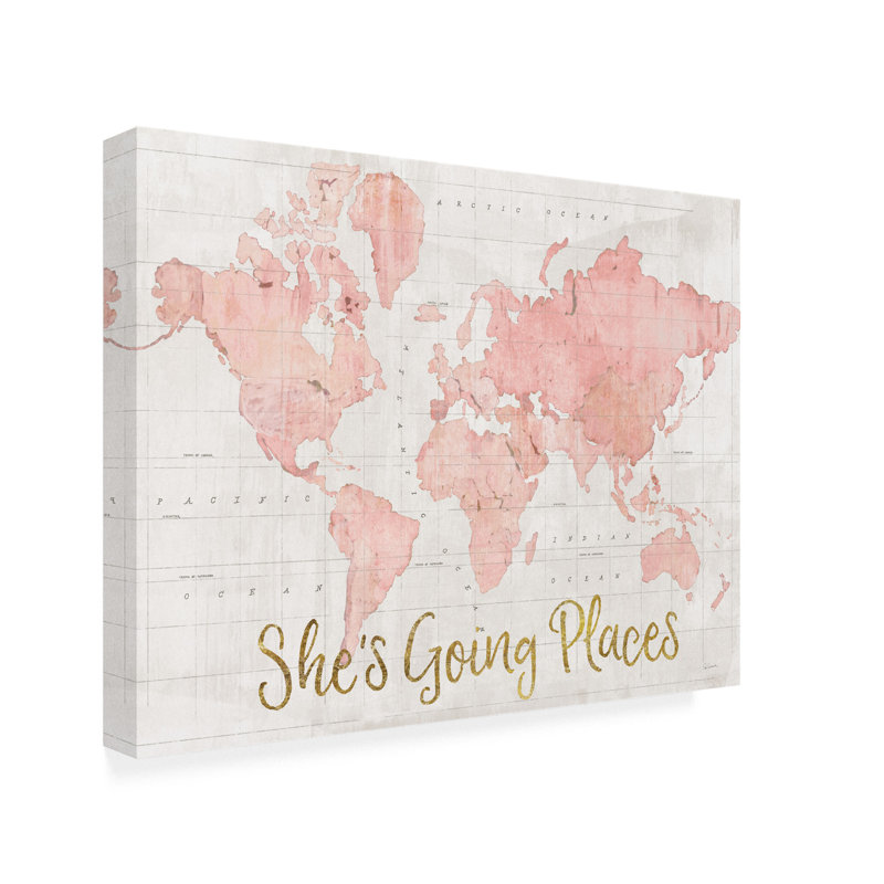  Art mural sur toile tendue - "Across The World Shes Going Places Pink" de Sue Schlabach pour décoration de salon, de chambre à coucher ou de bureau - 35 x 47