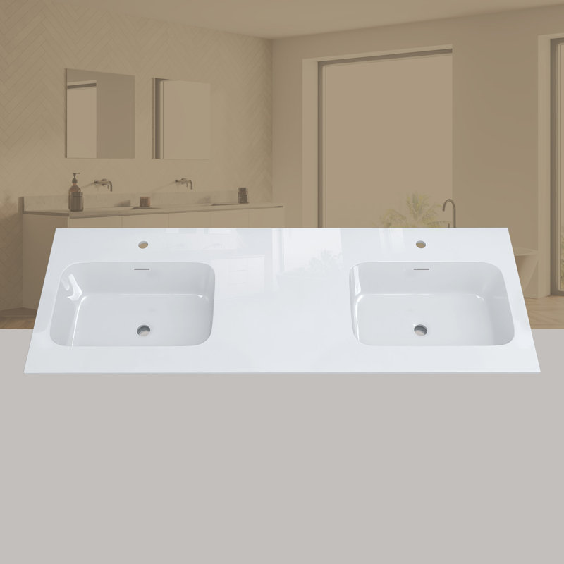 60 Inch Solid Surface Double Sink Vanity Top, Slim 0.56" Thick Countertop, Bright White Modern Design, Lightweight & Easy Install