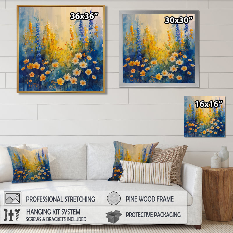 Jardin jaune, bleu, rêve, marguerite S III - marguerite, art mural, salon, Toile tendue, H 36 po x l 36 po x P 1,5 po