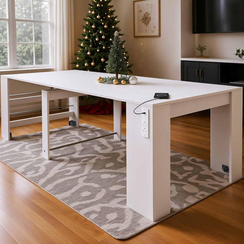 20-118" Extendable Folding Dining Table with USB Charging Ports and Side Storage Shelves, White