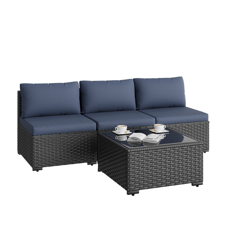 Ensemble de canapé d'extérieur en osier pour 3 personnes avec coussin Gio, Marine, Noir