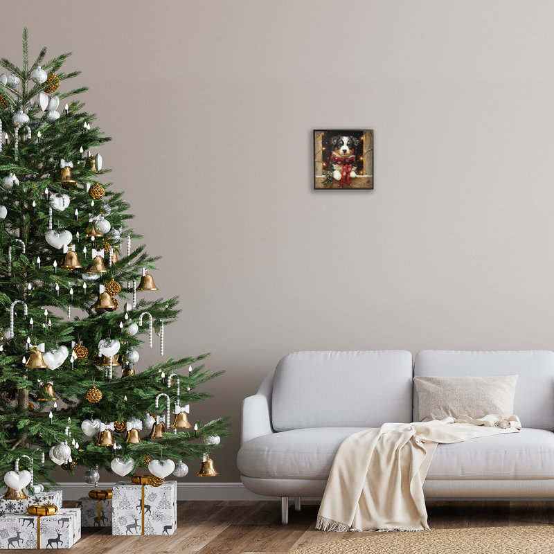 «Snowy Christmas Lights Puppy», estampe numérique, conception de Riley B, Giclée encadrée noir minuit, H 12 po x l 12 po