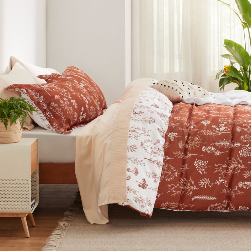 Ensemble de housse de couette réversible avec fermeture à glissière, ensemble de literie à motif floral 3 pièces, Terre cuite