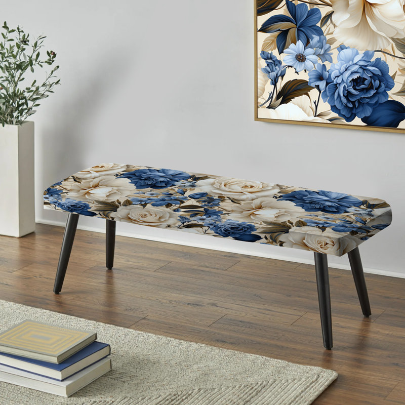 Blue Renaissance Roses Victorian Pattern VI - Floral Upholstered Black Bench