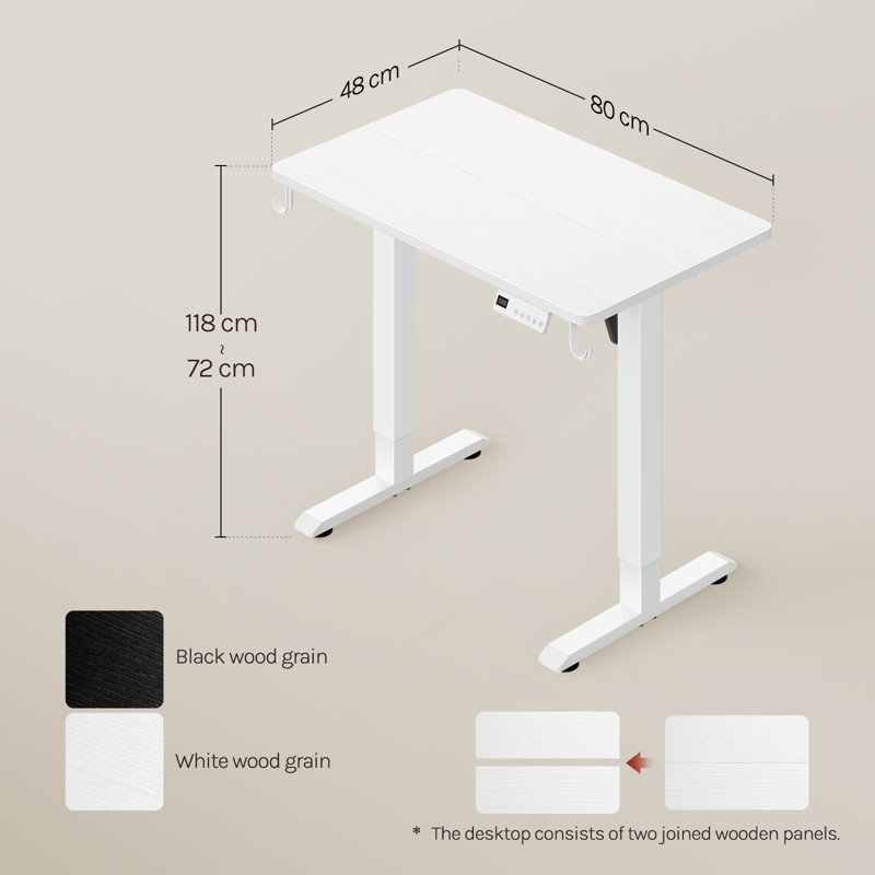 Standing Desk, 72–118 cm Height Adjustable Electric Computer Desk with 3 Memory Settings and 2 Hooks, 80x48 cm Tabletop with 80 kg Load Capacity for Office/Study/Home