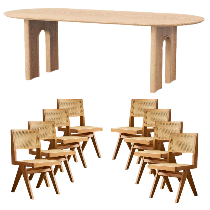 Solid Wood Top Double Pedestal Dining Set, Table, 6 Chairs, 29.52" H x 35.43" W x 86.61" L