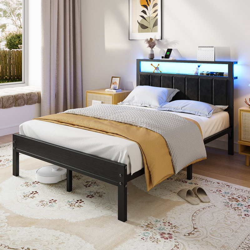 Upholstered Bed Frame With Led Lights Storage Headboard And Charging Station, Full, Black