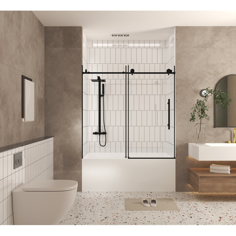 Breya Frameless Shower Door with Clear Tempered Glass, Stainless Steel Wheels and Water-Blocking Strip, Matte Black