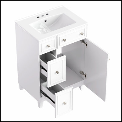 Armoire de meuble-lavabo 24 po avec lavabo en céramique, 2 tiroirs, 1 porte, pour petites salles de bain et rangement efficace
