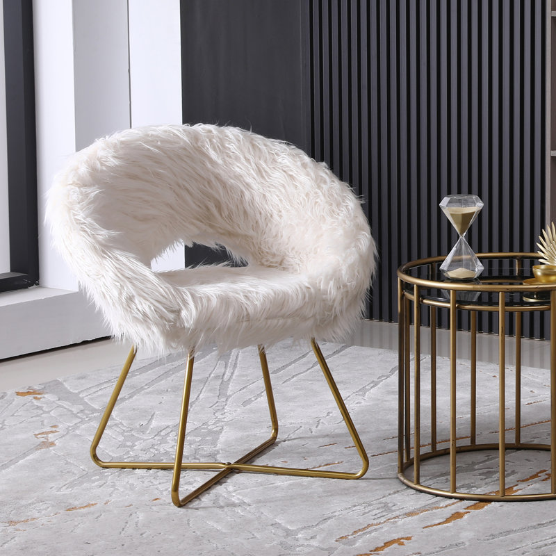 White Faux Fur Accent Chair - Elegant Style, Cushioned Seat, Metal Sled With Gold Finish, Floor Protection, Scratch- Upholstered Modern Glamour, Seat And Back, Frame, Protection