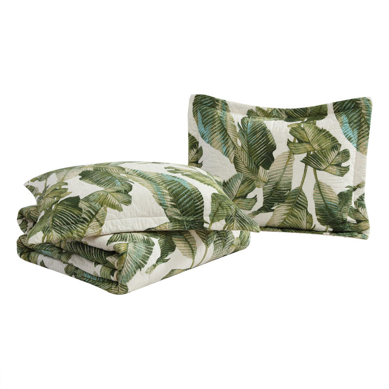 Tommy Bahama Fiesta Palms Green Cotton Reversible Quilt Set, King Quilt + 2 King Shams