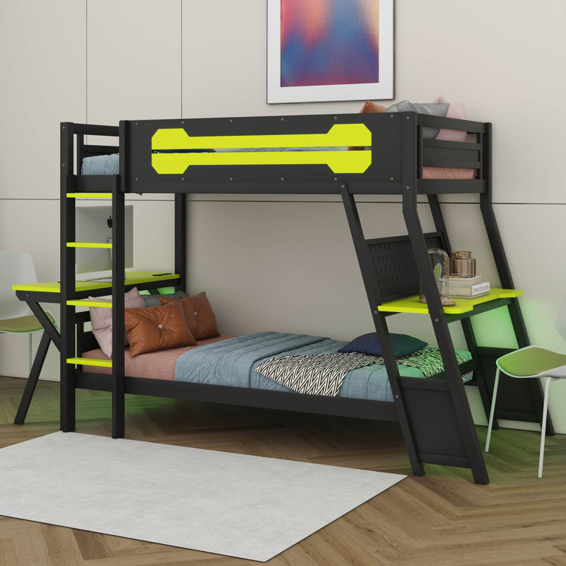 Twin Size Bunk Bed With 2 Built-In Desks, Wood Bunk Frame With USB Desktop Ports & Pegboard Organizer For Teens Adults, Twin