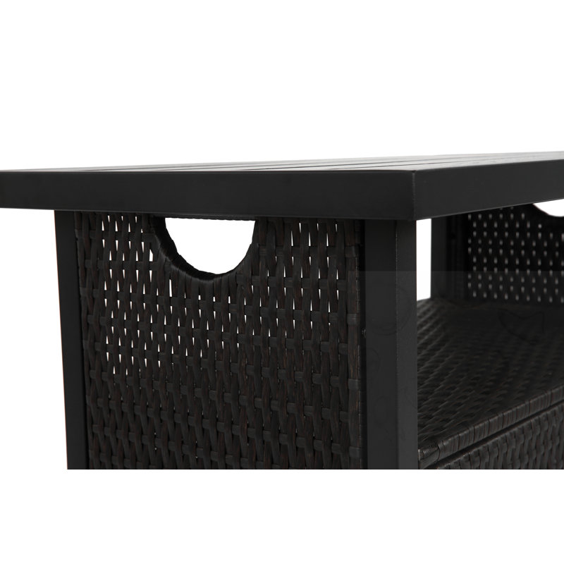 Table de bar de patio en rotin avec roues et plateau en verre, Noir