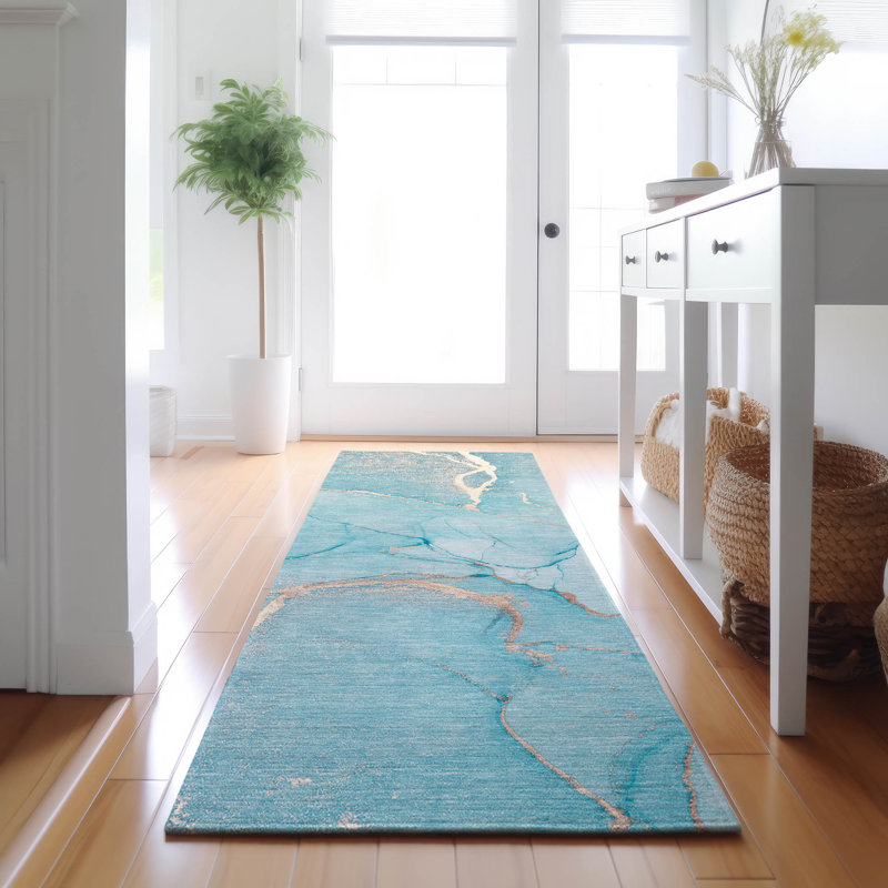 Premium Machine Washable Cerrito AMF510 Teal Rug, Runner 2'3" x 7'6"