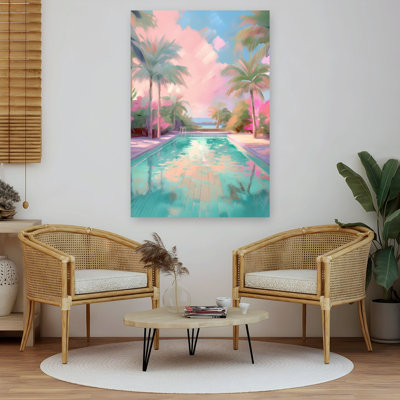 Affiche murale représentant un paysage de palmiers onirique et serein avec piscine du Pink Sky Resort et océan
